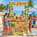 Haull 95PCS Tiki Bar Hut Kit LED Luau Hawaiian Party Decorations with Portable Table Tiki Bar Banner Table Skirts Tropical Garlands Flowers Straws and LED Lights for Summer Pool Beach Parties(Bamboo)
