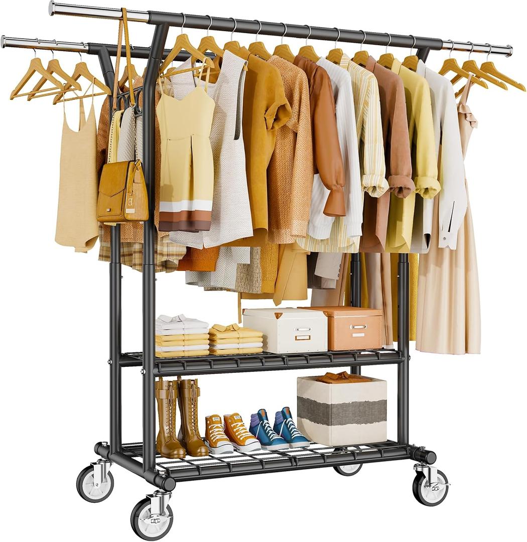 HYSEYY Heavy Duty Clothes Rack, Rolling Clothing Rack With Shelves Load 620 LBS, Double Rod Clothing Racks for Hanging Clothes, Portable& Adjustable Clothes Rack with Wheels,Black