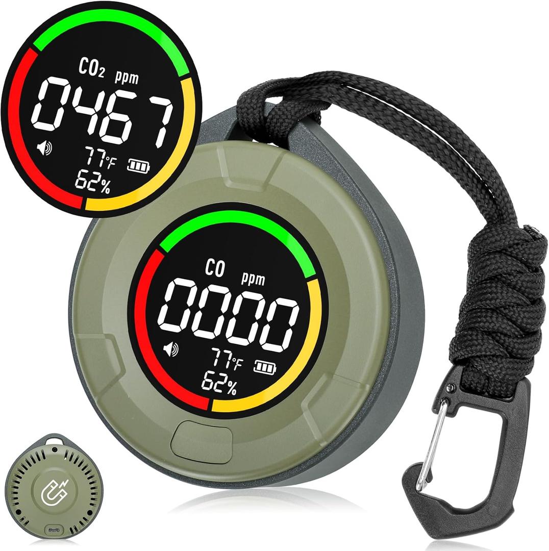 Carbon Monoxide Detectors, Portable Carbon Monoxide and Carbon Dioxide Detector for Travel, Mini 4-in-1 CO and CO2 Monitor with Magnetic Suction, RV CO CO2 Detector Alarm Temp/Hum Sensor