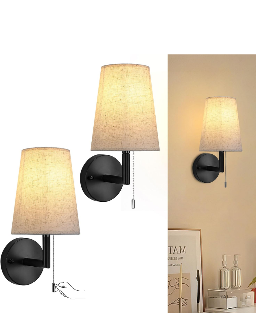 Lightess Pull Chain Light Fixture Wall, Indoor Wall Sconces Set of 2, Vintage Wall Lamps with White Fabric Shade for Bedroom Living Room Corridor