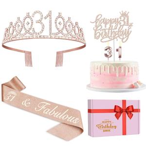 31 Birthday Decorations for Women Including Birthday Sash, Crown/Tiara, Numeral Candles and Cake Topper, 31 Year Old Gifts for Women, Rose Gold Party Decor Supplies