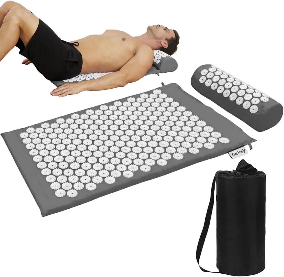 XiaoMaGe Acupressure Mat and Pillow Set with Bag - Large Size 28.7 X 16.5 inch Acupuncture Mat for Neck & Back Pain, Muscle Relaxation Stress Relief, Sciatica Pain Relief Pillow (Gray)
