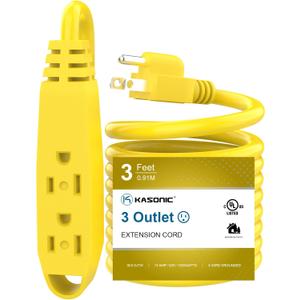 K KASONIC - 3-Feet 3 Outlet Extension Cord, UL Listed, 16/3 SJTW 3-Wire Grounded, 13 Amp 125 V 1625 Watts, Multi-Outlet Indoor/Outdoor Use, Yellow