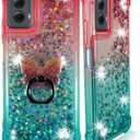 Zase for Motorola Edge (2024) Liquid Glitter Sparkly Bling Cute Clear Phone Case Design for Moto Edge 5G (2024) Floating 3D Butterflies Waterfall Quicksand w/Phone Ring Holder (Gradient Pink Aqua)