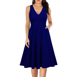 WOOSEA Women's Sleeveless V Neck Vintage Pockets Swing Business Church Dress (Medium, Royal Blue)