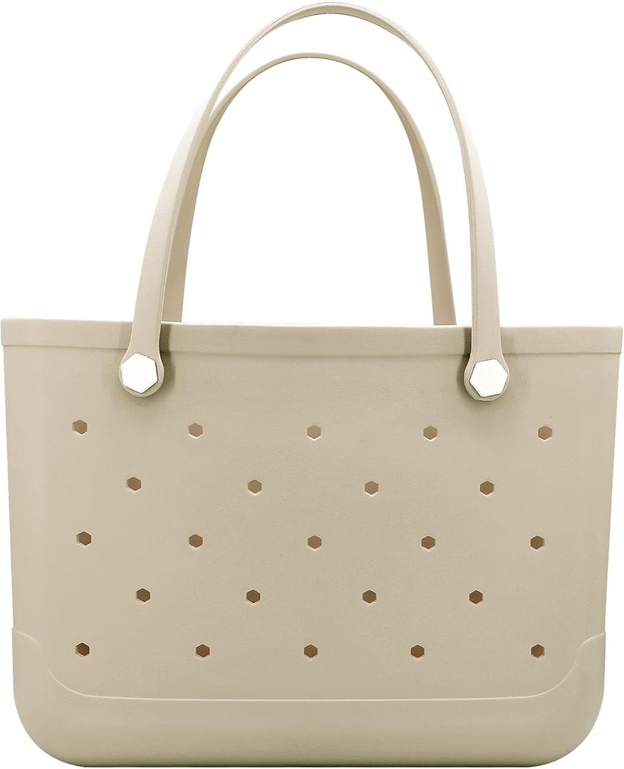 CXY Rubber Beach Bag, Waterproof Travel Tote bag for Women Outdoor Summer Beach Tote Washable Bag Open Handbag for Daily (Medium, 04 Khaki Cream)