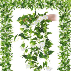 Hotop 6 Pcs 7.55 Ft Artificial Morning Silk Glory Vines for Outdoor Fake Hanging Flowers Plants Faux Silk Morning Glory Flower Garland Long Vines for Wall Fence Indoor Wedding Banquet Decor(White)