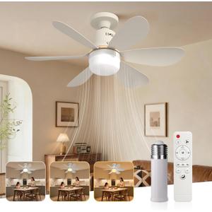 Socket Fan Light with Remote - 20'' Modern Small Ceiling Fans with Lights, 2200 Lumens Dimmable Led Bulb, 3 Colors 3000K-6500K, Easy Install Screw in E26 Base for Bedroom Living Room Kitchen Garage