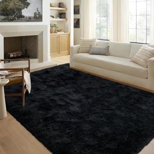 FinRèc 5x8 Feet Black Rugs for Living Room Bedroom, Fluffy Shaggy Area Rug, Non-Slip Soft Shag Rug for Nursery Kids Room Dorm Room Home Decor, Indoor Plush Floor Carpet