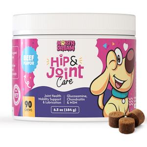 Hip & Joint Supplement for Dogs  Glucosamine, Chondroitin, MSM, Turmeric & Hemp Oil  Natural Mobility & Pain Relief Soft Chews  Beef Flavor  90 Count  Made in USA