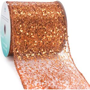 CT CRAFT LLC Sparkling Glitter Mesh Wired Ribbon 4" x 10 Yards Bronze Orange for Christmas Home Decor Bow Gift Wrapping DIY Crafts Wreath