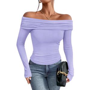 Imily Bela Women's Off The Shoulder Long Sleeve Blouse Shirts Tops Slim Fitted Sexy Going Out Nightout Club Party Y2K (Large, Lavender)