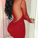 Womens Long Sleeve Bodycon Mini Dress Mock Neck Sheer Mesh Patch Night Out Party Short Dress (Red, L)
