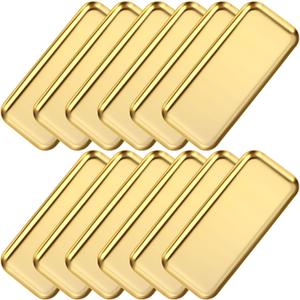 Vesici 12 Pcs 7.87 x 3.35 inches Small Gold Tray Bulk, Stainless Steel Rectangle Serving Trays Trinket Decorative Bathroom Tray for Vanity Jewelry Makeup Towel, Dish Plate Tea Fruit Storage Platter (Glod)