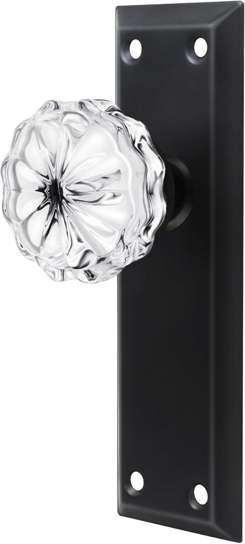 2 Pack Vintage Matte Black Single Sided Crystal Dummy Door Knobs Interior, Antique Glass Dummy Door Knobs with Long Plate