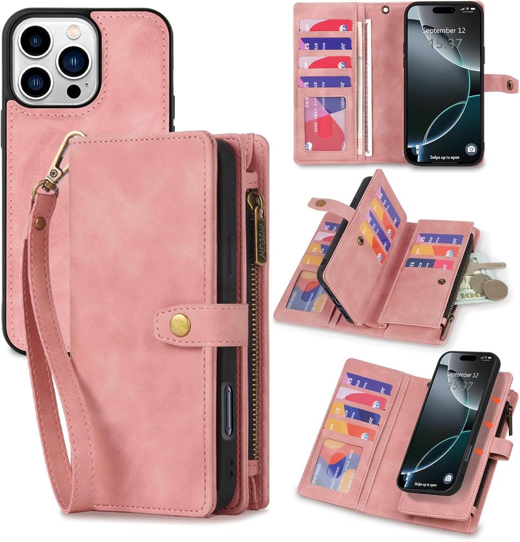 TwoHead Wallet Case Compatible with iPhone 16 Pro Max,Detachable Magnetic Phone Case,PU Leather All-Round Protective Case Wallet with Card Holder/Change Pocket,6.9 in,Pink