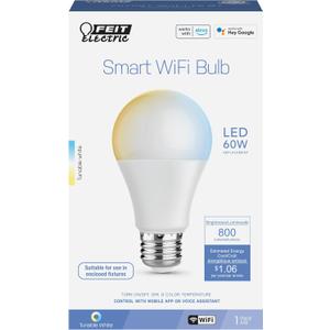 Feit Electric A19 Smart LED Light Bulb, 60W Equivalent, Tunable White, Alexa & Google Home Compatible, 2.4 GHz Wi-Fi, 90+ CRI, Non-Dimmable, 800 Lumens, 25,000-Hour Lifetime, OM60/CCT/CA/AG