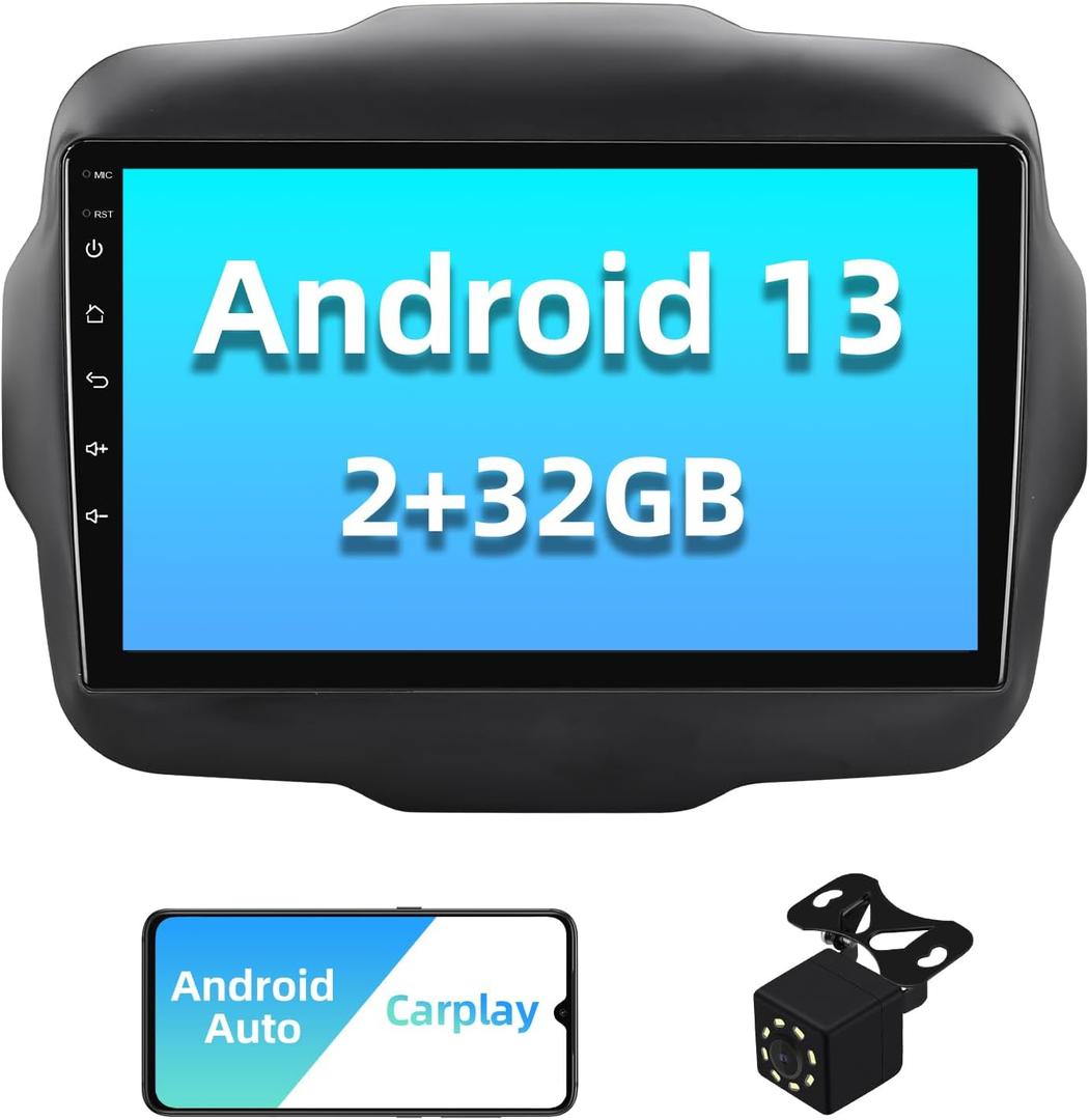 2+32G Android 13 Double Din Car Stereo for Jeep Renegade 2016-2018 with 9 Inch Touchscreen Radio Built-in Wireless Carplay/Android Auto/GPS/Bluetooth/FM/AUX-in/Steering Wheel Controls/Backup Camera