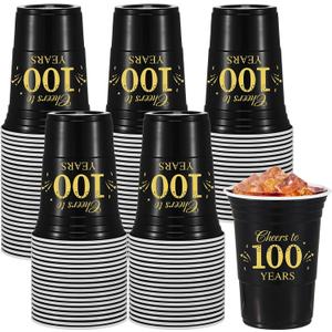 Ziliny 50 Pack 100th Birthday Decorations Birthday Cups 16 oz Disposable Plastic Gold and Black Cheers to 100 Years Cups for Men Women Hot Cold Drinks for Wedding Anniversary Supplies