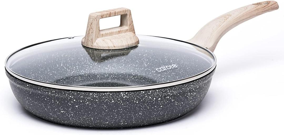 CAROTE Non Stick Frying Pan Skillet,12" Nonstick Fry Pan with Glass Lid, Egg Pan Omelet Pans, Granite Cookware Chef's Pan, PFOA Free (Classic Granite, 12-Inch) (12" frying pan w/lid, Black)