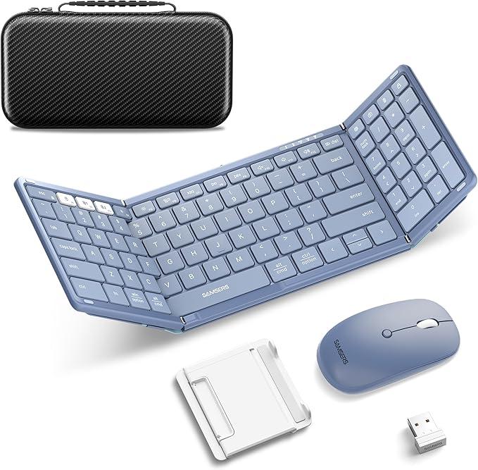Foldable Keyboard and Mouse, Samsers Folding Bluetooth Keyboard Combo, 2.4G + BT5.0 x 2, FullSize Portable Travel Keyboard & Rechargeable Wireless Mouse for Windows Android iOS Mac OS, Blue
