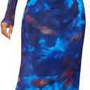 MEROKEETY Women's Spring Wedding Guest Dress 2026 Long Sleeve Bodycon Floral Mesh Fall Cocktail Holiday Party Maxi Dresses, Size S, (Blue)