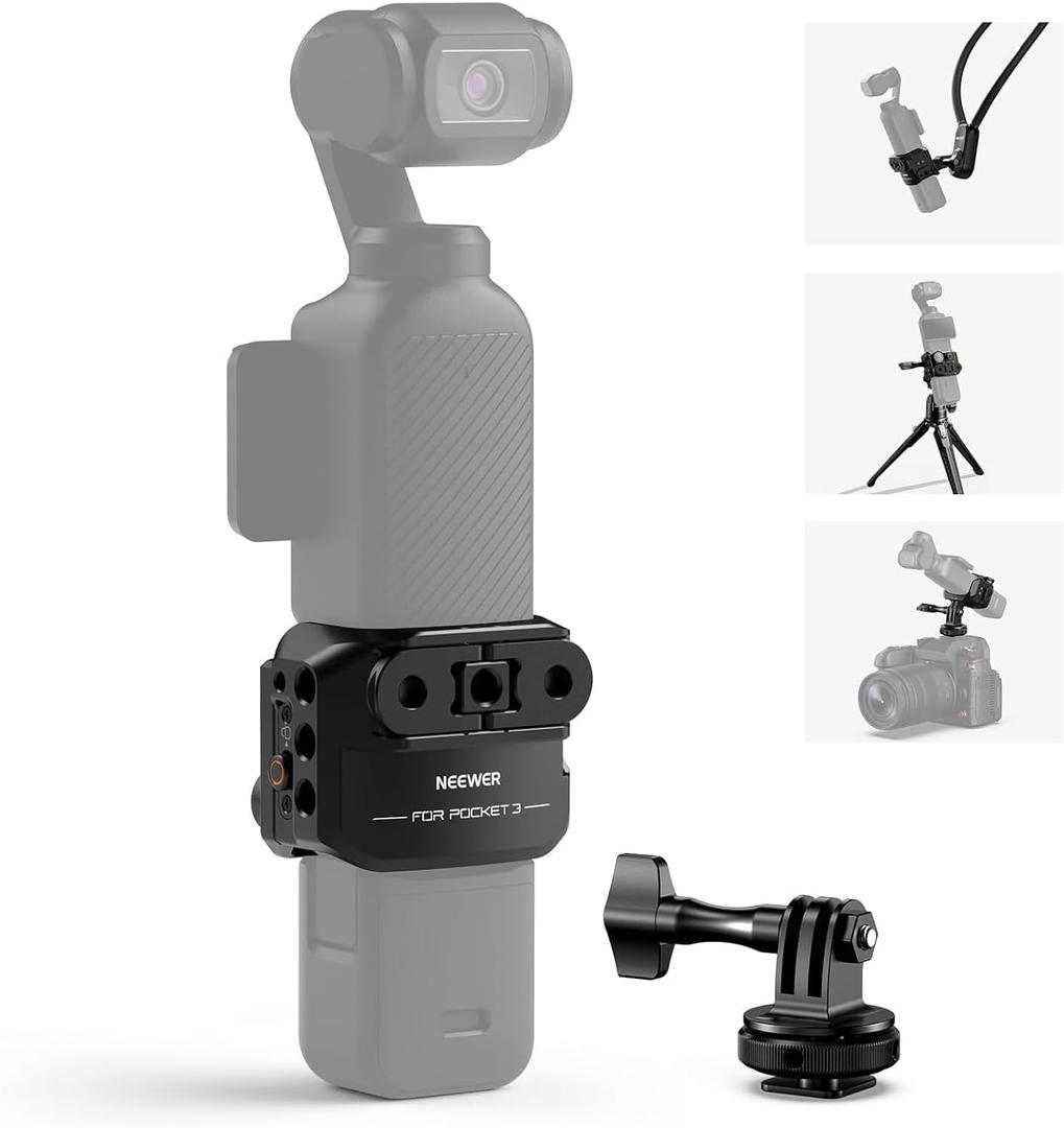 NEEWER Pocket 3 Cage, Aluminum Alloy Gimbal Video Recording Rig with Action Camera Extension Adapter 1/4" Threads Cold Shoe Compatible with DJI Osmo Pocket 3 Creator Combo, No Assembly Needed, AC009