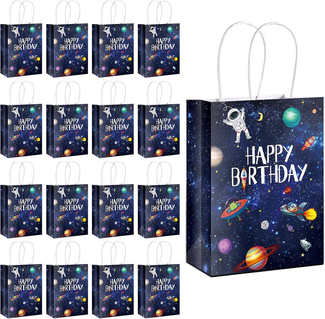 Outus 16 Pack Outer Birthday Space Party Favors Space Goody Bags with Handles Galaxy Gift Bags Kraft Paper Planet Goodie Treat Astronaut Present for Boys Girls Theme Party