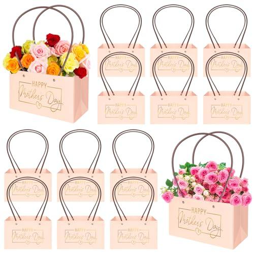 Demonwer 12 Pcs Happy Mother's Day Flower Bouquet Packaging Gift Paper Boxes with Handles Waterproof Flower Bouquet Box for Mothers Day Wedding Anniversary Birthday decor