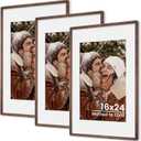 Axeman 16x24 Natural Solid Oak Wood Picture Frame with 12x18 Mat, Premium Rustic Wooden Photo Frames with Tempered Glass, Poster Photo Frame for Gallery Wall Hanging, Walnut, 3 Packs