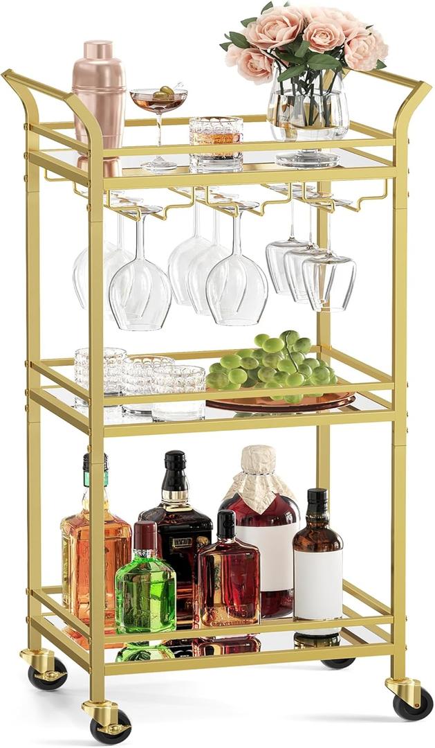 VASAGLE Bar Cart, Home Bar Serving Cart, Small Bar Serving Cart with 3-Tier Shelf, Wine Holders, Glass Holders, Mini Bar Cart for Small Spaces, Kitchen, Dining Room, Living Room, Pale Gold (11.8"D x 18.4"W x 36.2"H)