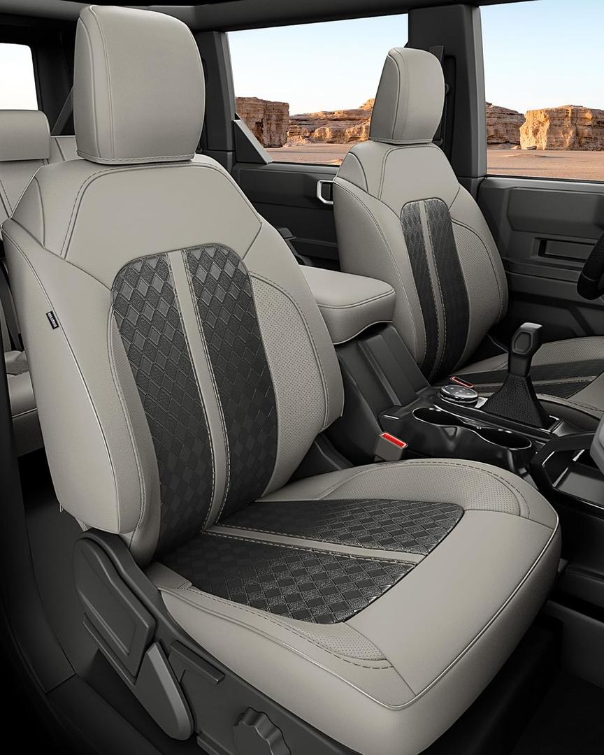 for Ford Bronco Seat Covers 4 Door 2021 2022 2023 2024 2025 2026, Custom Fit Leather Car Seat Cover Full Set, Luxury Waterproof SUV Protectors Accessories, Gray Black NOT for Raptor Sport