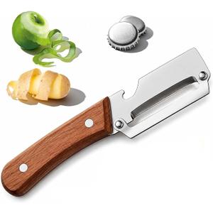 2-in-1 Multifunctional Vegetable Peeler with Bottle Opener, Wide Stainless Steel Blade and Non-Slip Wooden Handle, Kitchen Peeler for Potato, Apple, Pumpkin, Fruit and Vegetables