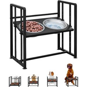 Elevated Dog Bowls 4 Height Adjustable Metal Pet Food Feeder Stand with 2 Stainless Steel Bowl Raised Dogs Feeding Station with Non-Slip Mats Black (Black, Without Feeding Mat) (17.91x11.02x17.05in)