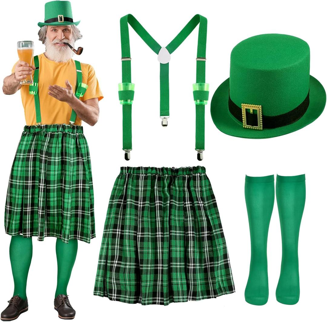 Pasimy St Patrick's Day Costumes Kit Include Adult Irish Plaid Green Kilt Suspenders with Cups Hat Sock for Men Women