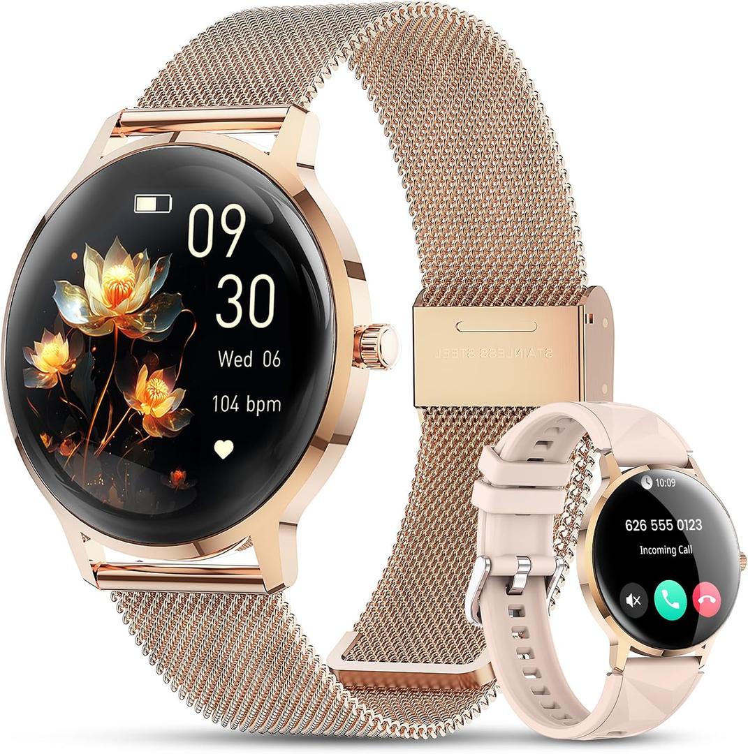 WalkerFit Smart Watch for Women iPhone & Android, 1.32" AMOLED Curved Screen Fitness Tracker with Bluetooth Call, Wireless Charging, IP68 Waterproof, Heart Rate/Sleep Monitor/123+ Modes Champagne Gold