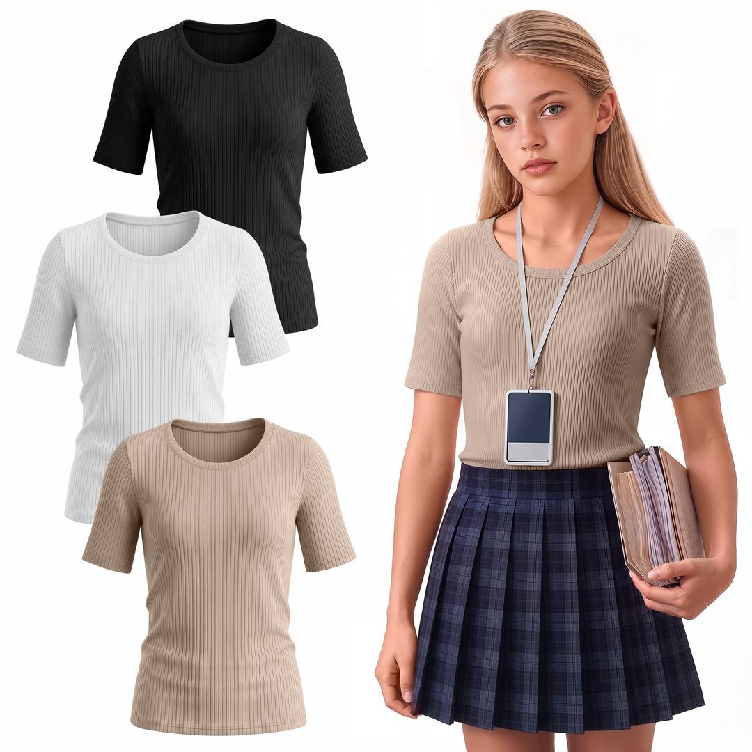 Mumucove 3 Pack Girls Ribbed T-Shirts, 3-Color, 9-10 Years