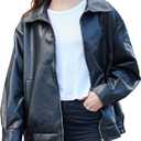Womens Oversized Faux Leather Motocycle Jacket Zip Up Outwear Coat with Pockets (Black, L)
