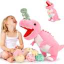 MorisMos Dinosaur Stuffed Animal with Babies,23.6'' Big Mommy Stuffed Dino T-rex with 3 Baby Dino Stuffed Toys & 3 Eggs Plush Inside Belly, Boy Girl Dinosaur Toys for Kids 3-5, Pink T-rex Toys Gift, Pink