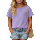 YooAurvox Girls Short Sleeve Shirts 5-14Y, Light Purple, 7-8 Years