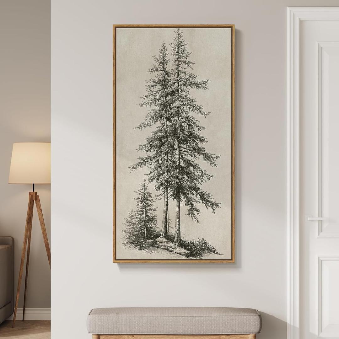 Framed Vertical Vintage Sketch Tree Living Room Wall Art, Large Black Beige Rustic Pine Artwork for Walls, Classic Antique Nature Forest Canvas Painting Print for Office Kitchen Foyer Stair 20x40 Inch