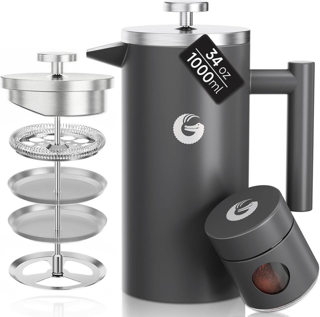 Coffee Gator 304 Grade Stainless Steel French Press Coffee Maker 34 oz, Double Wall Insulated Hot Cold Brew Teapot with 4-Level Filtration System, Include Travel Jar Canister, Kitchen, Gray