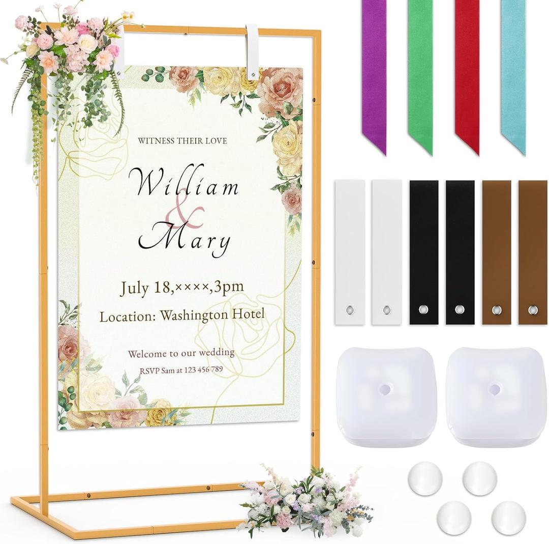 50" X 30" Adjustable Wedding Sign Stand, Linen Sign Stand, Gold Welcome Sign Holder Metal Easel With 6 Leather Hanging Strap 2 Square Water Bag 4 Magnetic Counterweight 4 Ribbon, Party Poster Display