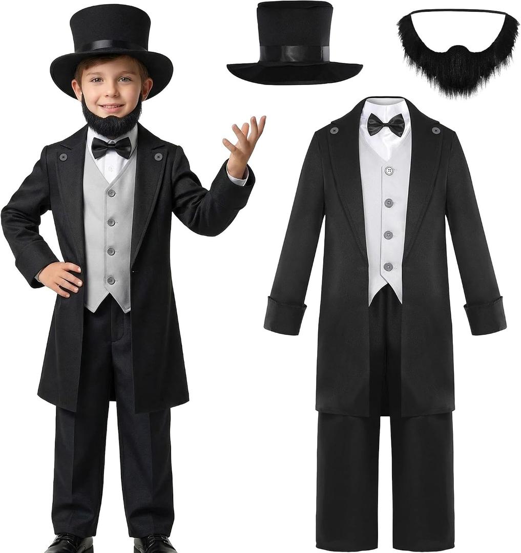 Rayekrot Deluxe Kids Abraham Lincoln Costume Boys Presidents Day Costume Halloween Cosplay Dress Up (8-10 Years) Black