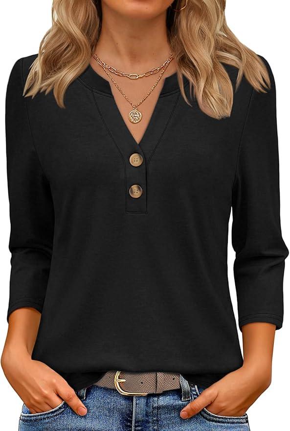 ATHMILE Womens Plus Size Tops 3/4 Length Sleeve Button Down Henley Shirts Business Casual Outfits Fashion Blouses, 2XL