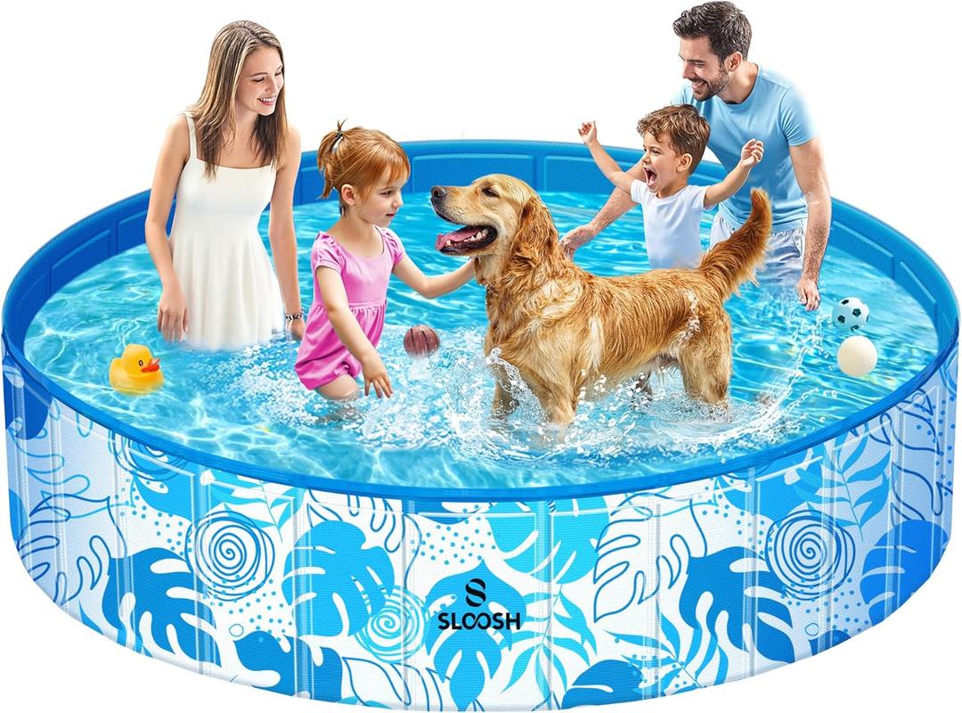 SLOOSH Foldable Dog Kiddie Pool - Portable Hard Plastic Kids Baby Doggie Swimming Pool, Anti-Slip Thick PVC Collapsible Pets Cats Whelping Box Puppy Bathtub (71" x 12")