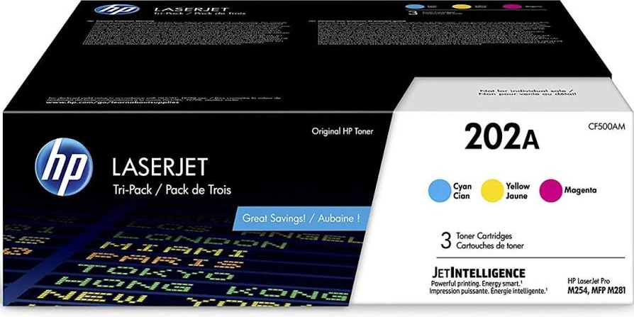 HP 202A Cyan, Magenta, Yellow Toner Cartridges Printers (3-Pack) | Works with Color LaserJet Pro M254, Color LaserJet Pro MFP M281 Series | CF500AM