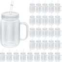 Vesici 30 Pcs 16 oz Clear Plastic Mason Jars Bulk with Handles Wide Mouth Drinking Mug with Lids and Straws Shatterproof Drinking Jars for Coffee Milk Tea and Beverages(Clear)
