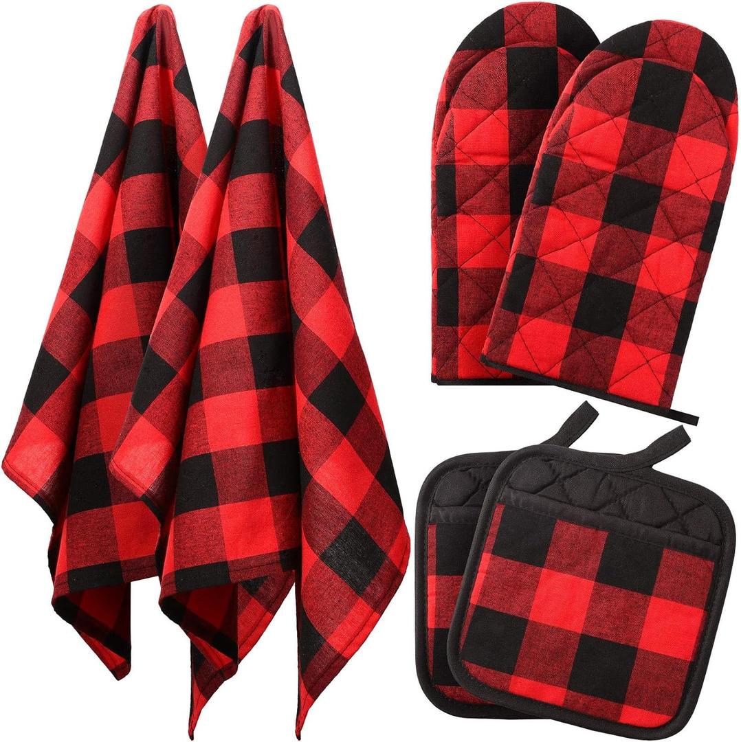 Patelai 6 Pcs Christmas Buffalo Plaid Pot Holders Red and Black Kitchen Towels Oven Mitts Xmas Gift Dish Towels Set Potholder Glove Heat Resistant Non Slip Holder for Baking Cooking Grilling
