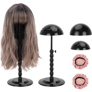 Wig Stand - Plastic Wig Stand 2 Packs Portable Foldable Wig Hat with Velvet Cover Holder Height Adjustable (12-18.8 Inches) Easy to Install Support Wig Display Stand (Black)